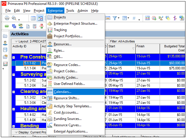 Primavera P6 create, assign, modify Calendar