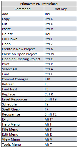 Primavera P6 Hot Key Commands