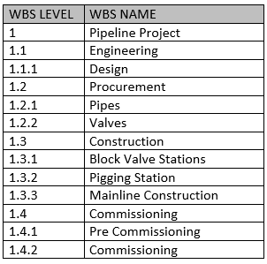 p6 WBS Table 