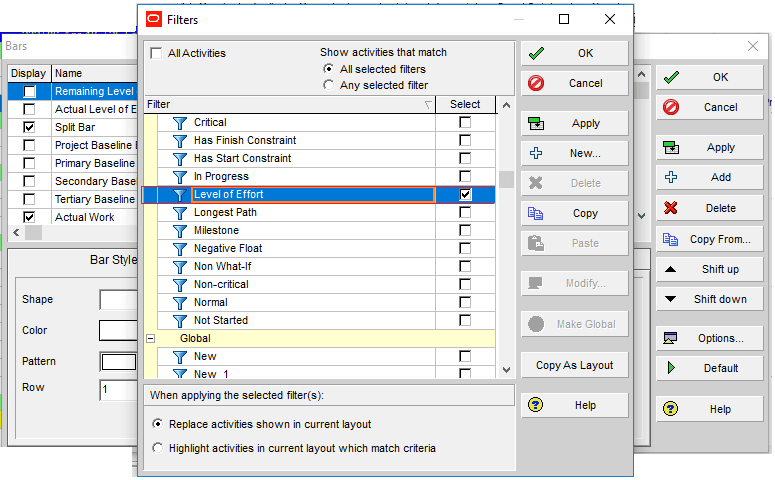 Figure 4 Level of Effort Filter - Primavera Project Management Software Tools - Primavera P6 bar Chart Labels