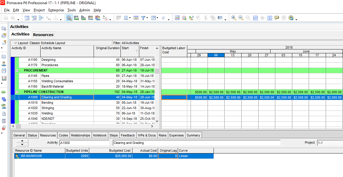 Figure 5 Activity Usage Spreadsheet -Cost Loading in primavera p6