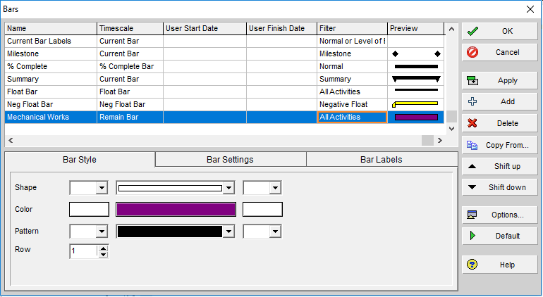 Figure 5 Add Bar for Mechanical Works -Primavera P6 bar Chart Labels