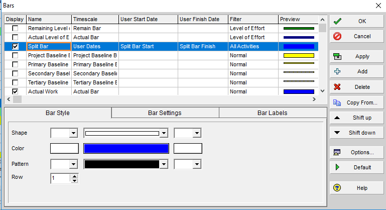 Figure 5 Customizing Split Bar -Primavera P6 Activity Splitting