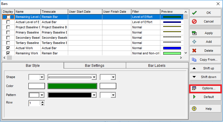 Figure 5 Options Primavera P6 BARS