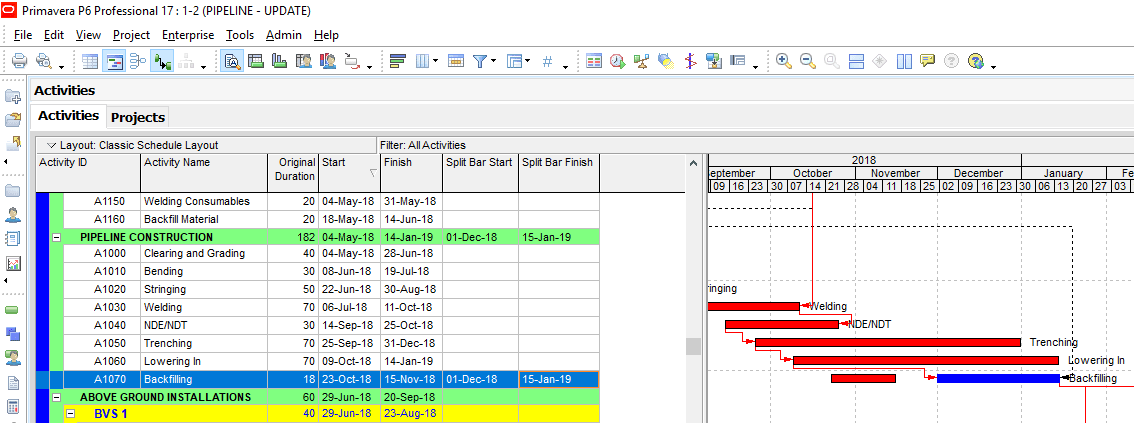 Figure 6 Primavera P6 Activity Splitting