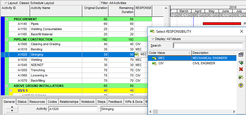 Figure 6 Selecting Responsibility Codes -how to filter activities in primavera p6 filter by feature
