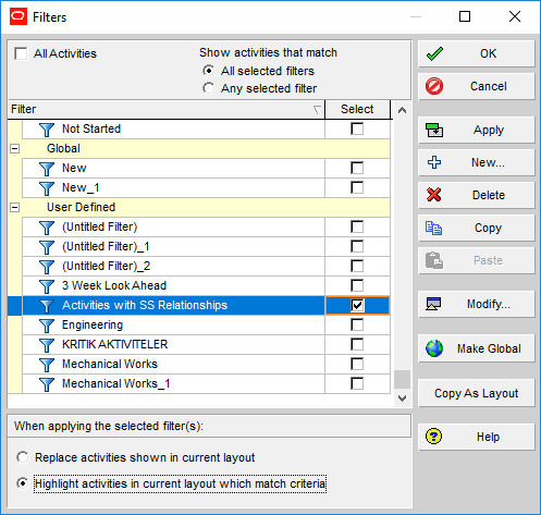 Figure 8 Highlight activities in current layout which match criteria -