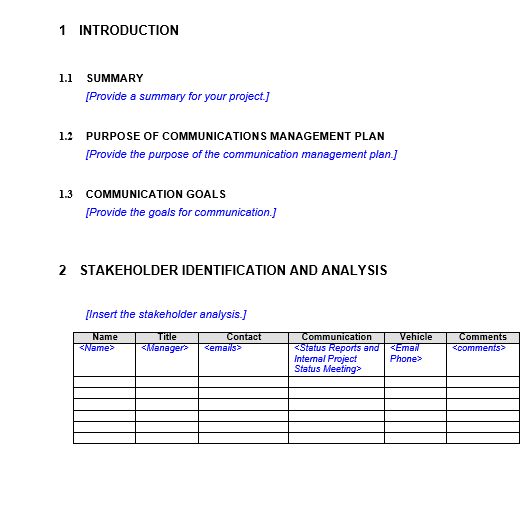 Project Communication Plan Template Example