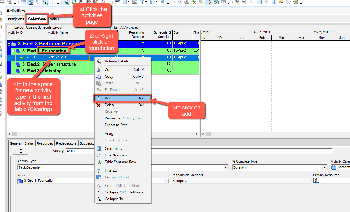 Primavera P6 Add Activities