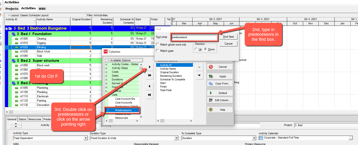 primavera p6 select predecessors 