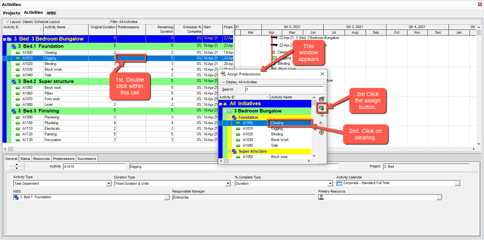 Primavera P6 PREDECESSORS SUCCESSORS sample construction project