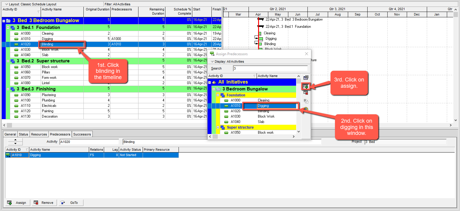 Primavera P6 Inserting a relationship sample construction project