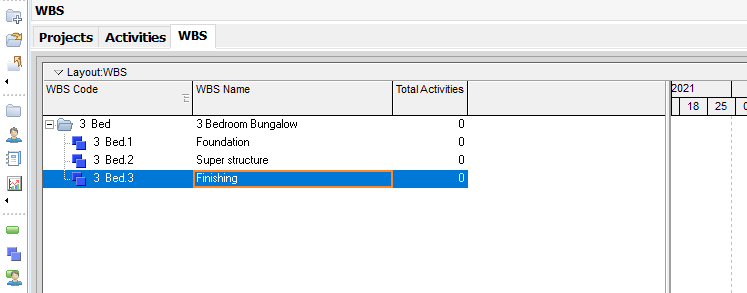 Primavera P6 WBS Table