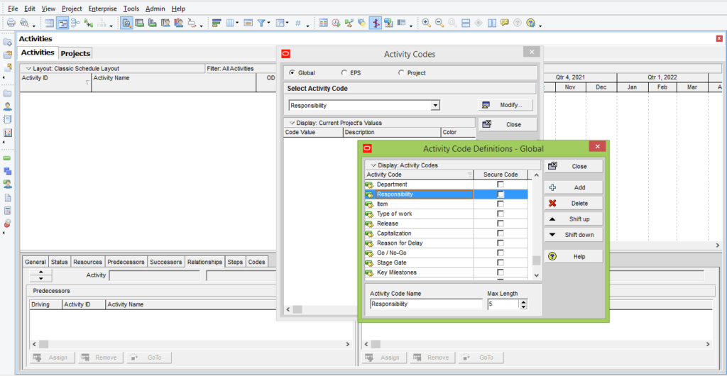 Project Activity Code Oracle Primavera P6 Project, Activity and Resource Codes