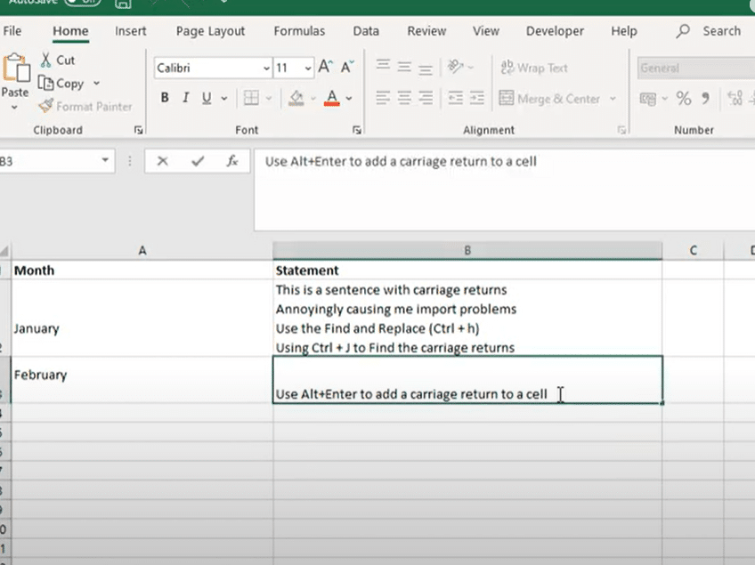 carriage return in excel cell