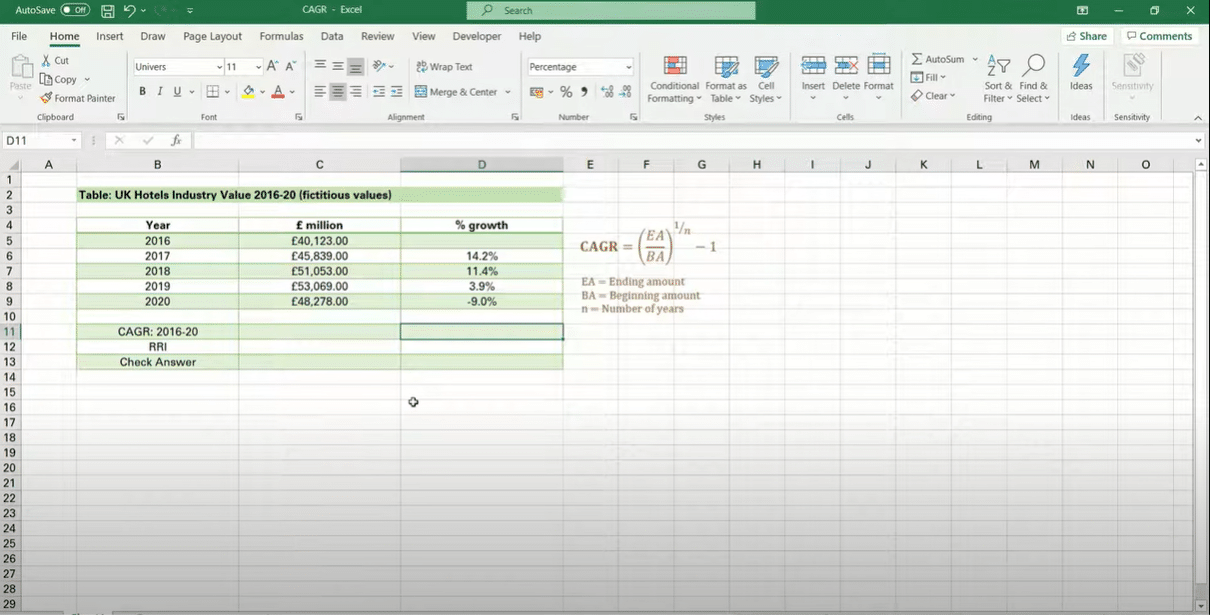 To calculate CAGR in Excel 2010, you must input the formula into an empty cell in your spreadsheet.