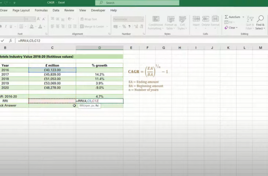To calculate CAGR in Excel 2010, you must input the formula into an empty cell in your spreadsheet.