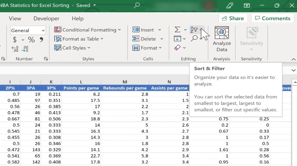 Column sort in Excel