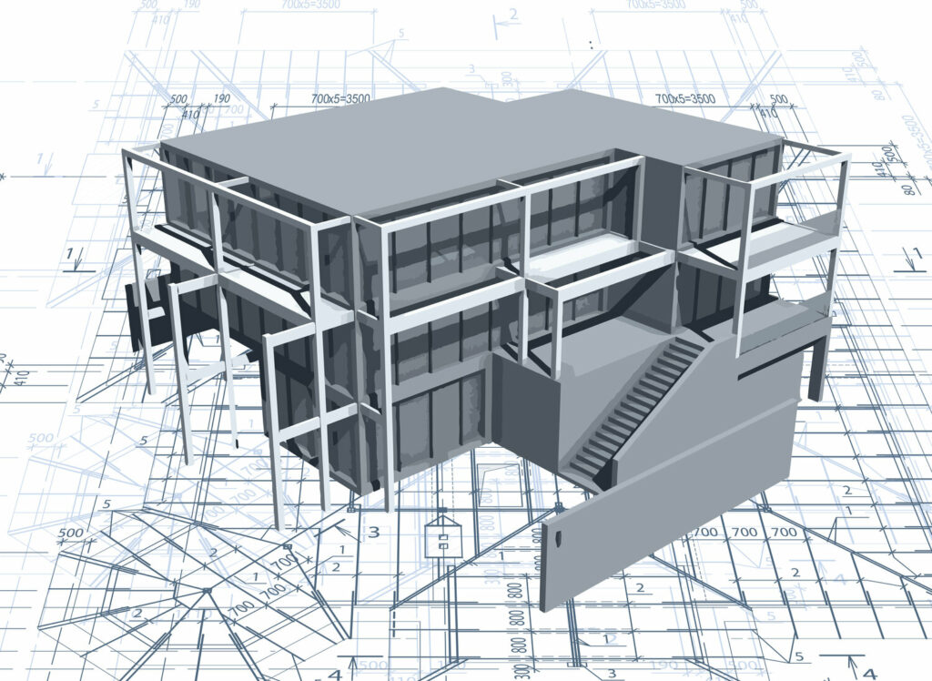 Architecture model house with blueprint. Vector illustration