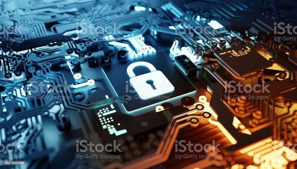 Digital cloud and network security. 3D computer hardware illustration.