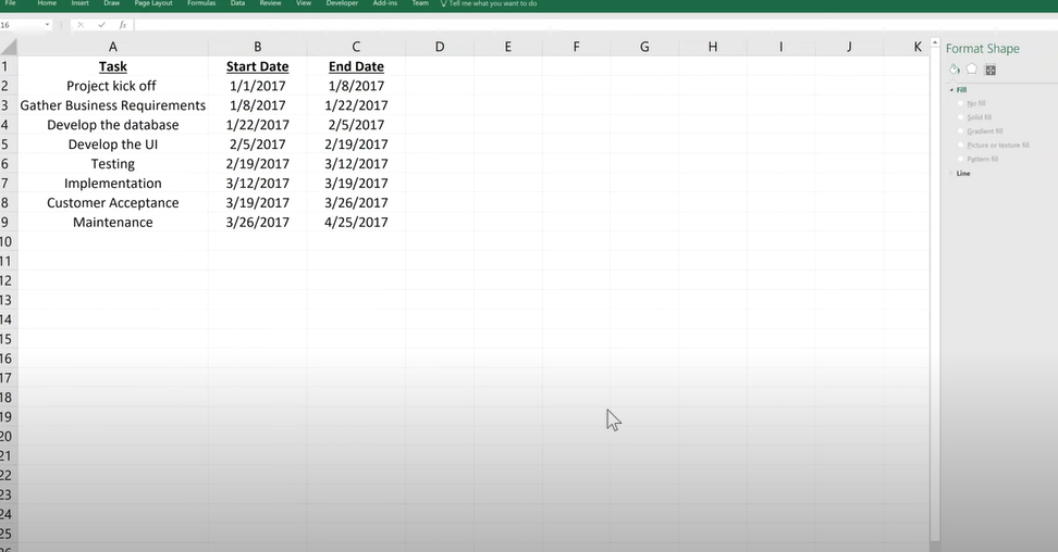 Start with a table listing all your project tasks along with their respective start dates and durations.