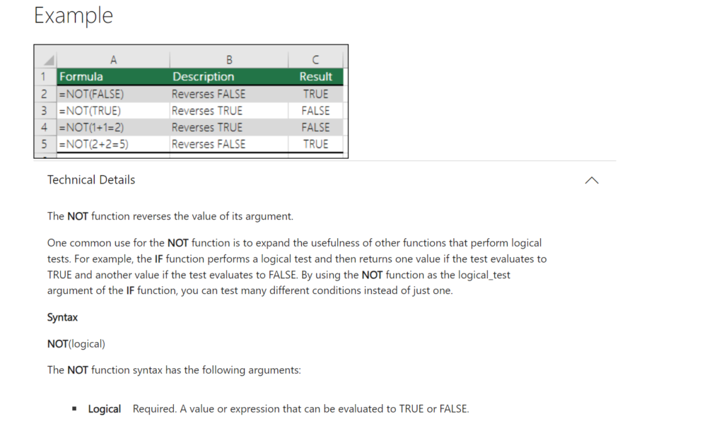 Not function in Excel